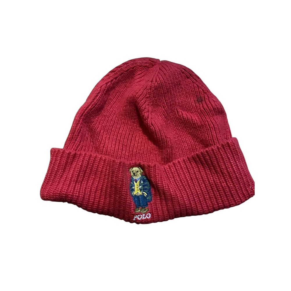 Vintage Polo Ralph Lauren Red Knit Polo Bear Beanie Hat Cotton Merino Wool